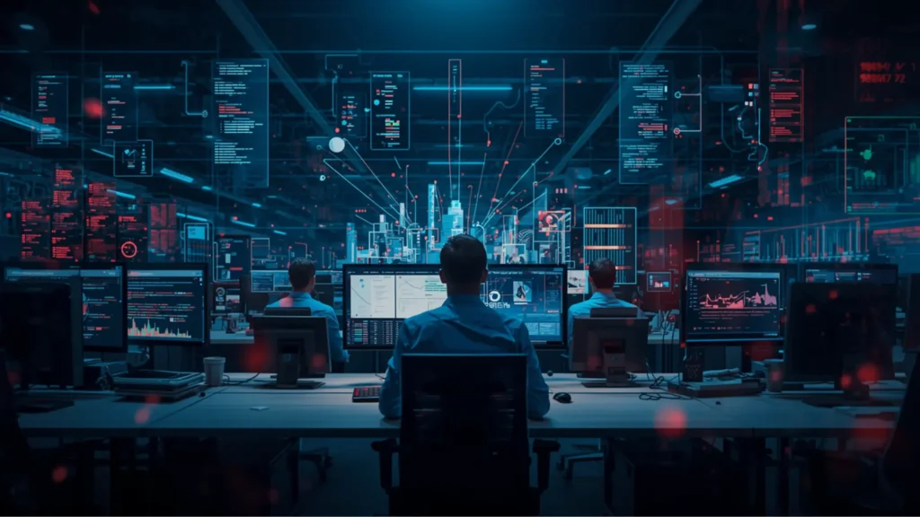 Business operations environment with multiple teams and workflows running in parallel, showing fragmented processes and added AI layers that do not fully integrate