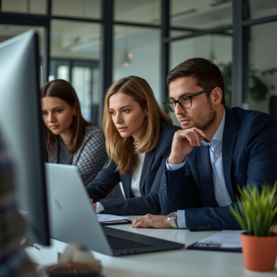 Business team analyzing current processes and internal discussions about AI in a collaborative office setting