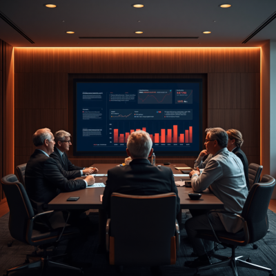 Executive team reviewing industry trends and AI impact on business strategy in a modern meeting room