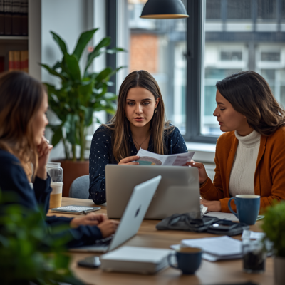 Sales team reviewing outreach strategy, messaging, and follow-up activity in a collaborative office setting