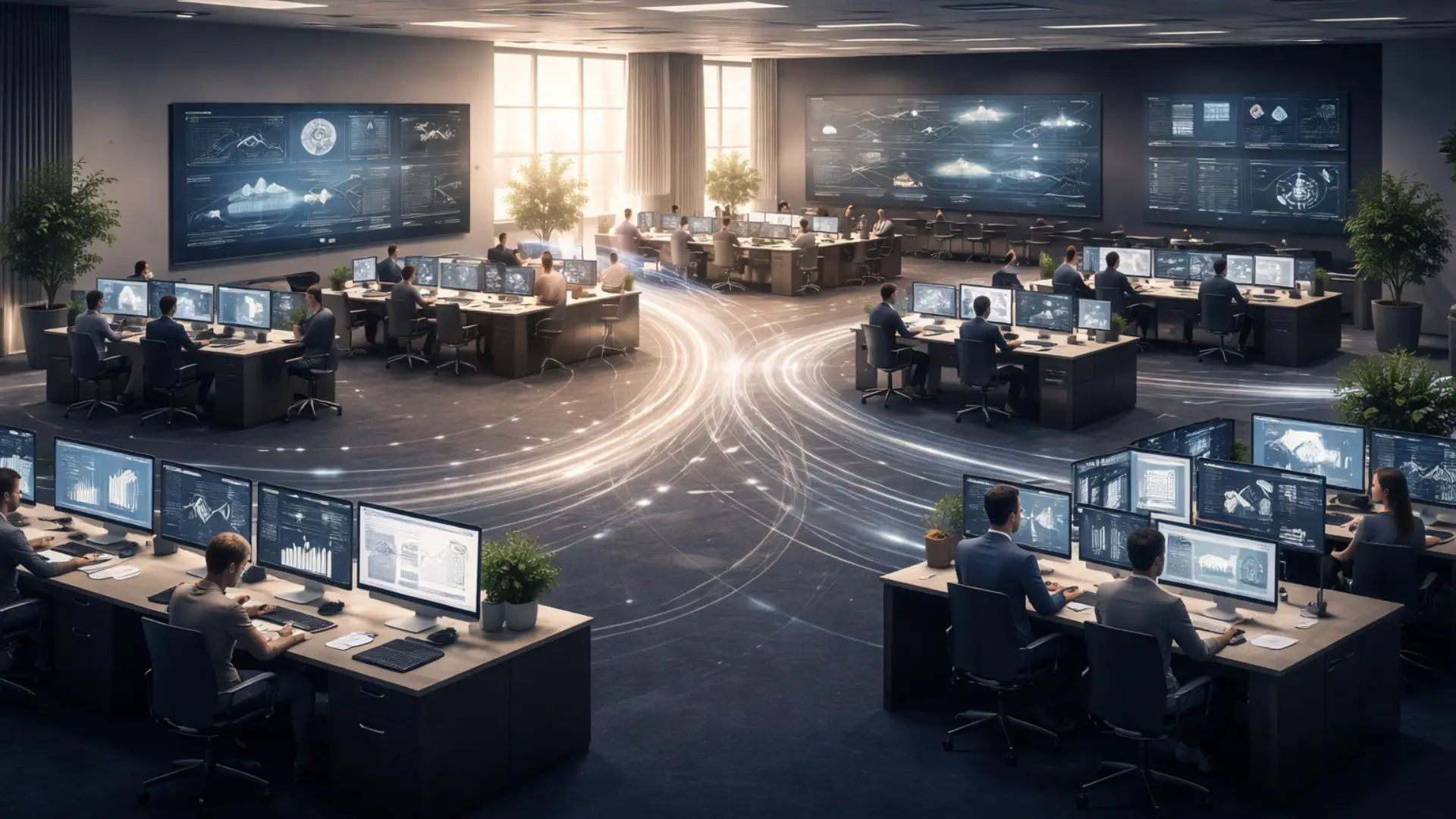 Modern business operations environment with visible workflows across teams, showing structured processes and clarity in how work moves through the system