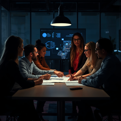 Cross-functional team discussing potential AI opportunities using data and business insights