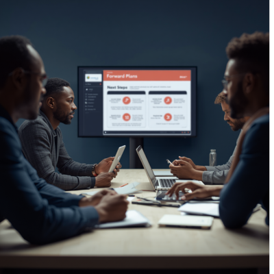 Business team planning how to implement improved AI prompting practices in daily workflows