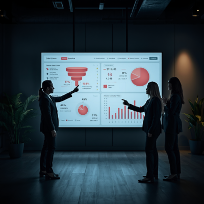 Sales team analyzing pipeline performance and deal flow on a screen during a strategy meeting