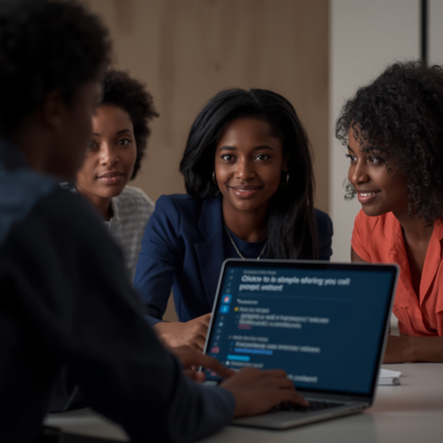 Team learning how prompt structure affects AI outputs using simple examples on a screen