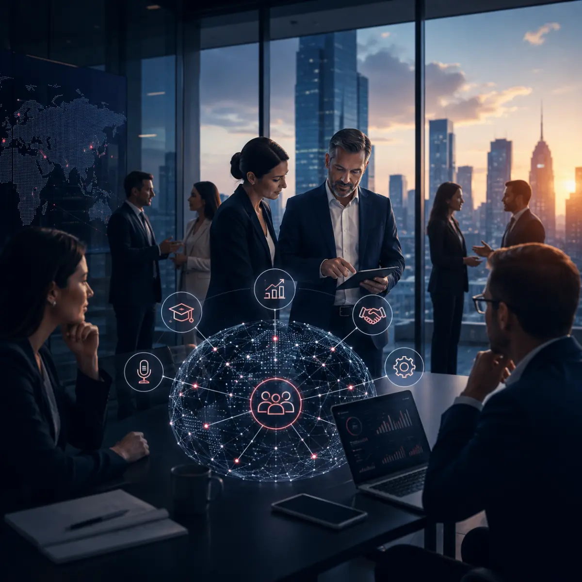 Business leaders collaborating in a modern executive office, representing trusted AI advisory, university partnerships, industry expertise, and practical AI implementation. The scene highlights executive collaboration, global connections, and measurable business outcomes using The Gen AI brand colors with deep navy and subtle coral accents.