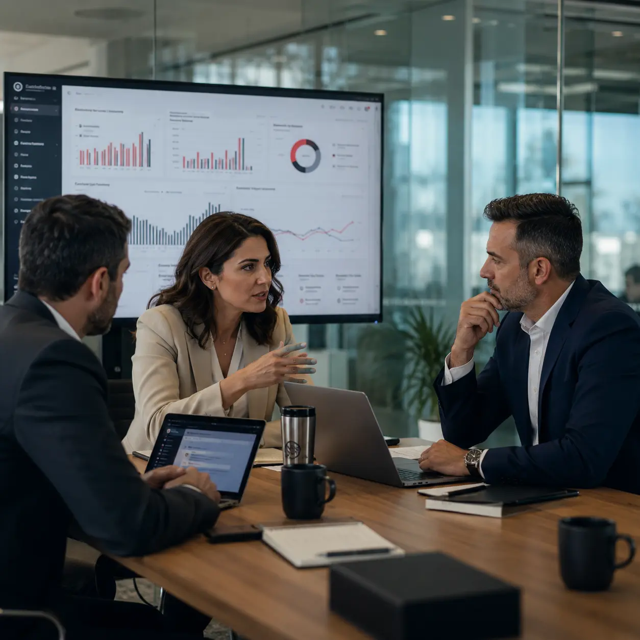 Business leaders collaborating in a modern executive meeting room while reviewing operational dashboards and business performance data. The scene reflects structured AI adoption, disciplined execution, cross-functional collaboration, and measurable business outcomes in a professional corporate environment.