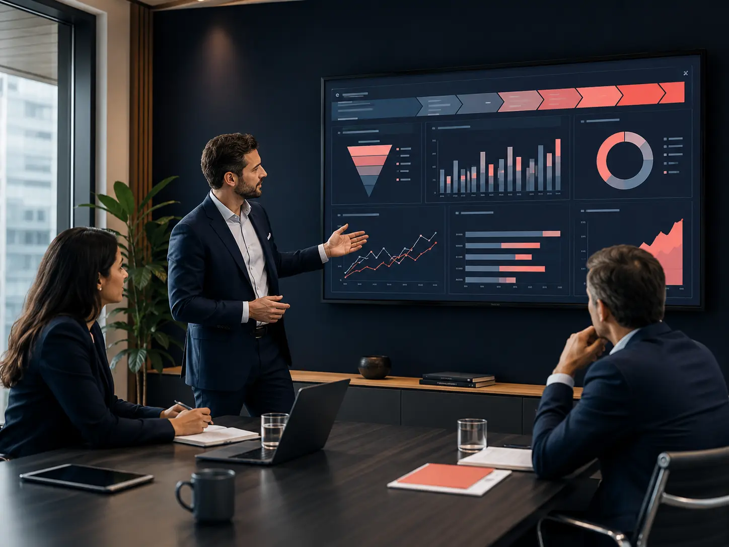 Business leaders reviewing a revenue operations dashboard to align AI strategy, pipeline priorities, and measurable growth.