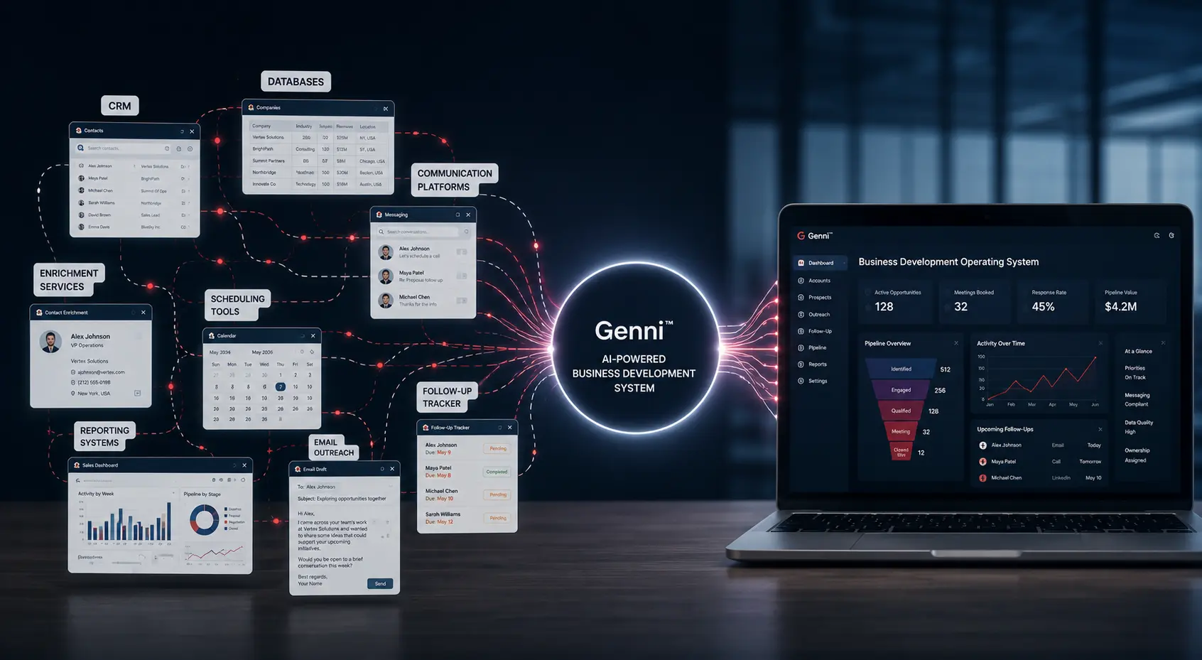 Genni AI-Powered Business Development System connecting CRM, databases, communication platforms, scheduling, enrichment, reporting, and pipeline management