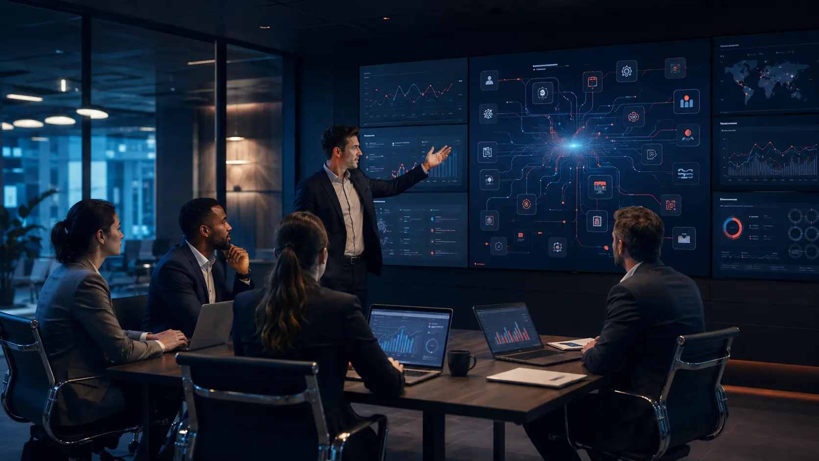 Business leaders reviewing connected dashboards and operational workflows for an AI business system supporting revenue, operations, and execution
