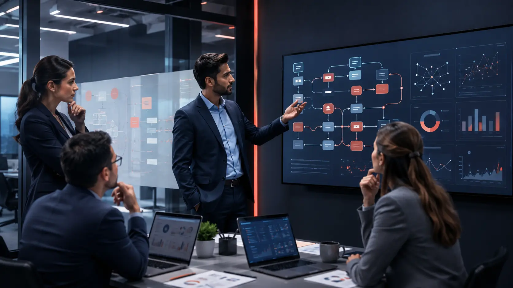 Business team reviewing workflows, dashboards, processes, and an operational AI solution