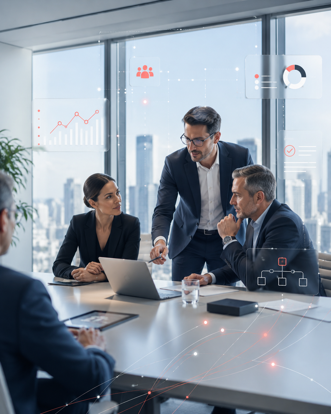 Executive leaders reviewing strategy, workflows, data, and connected systems in a modern business environment.